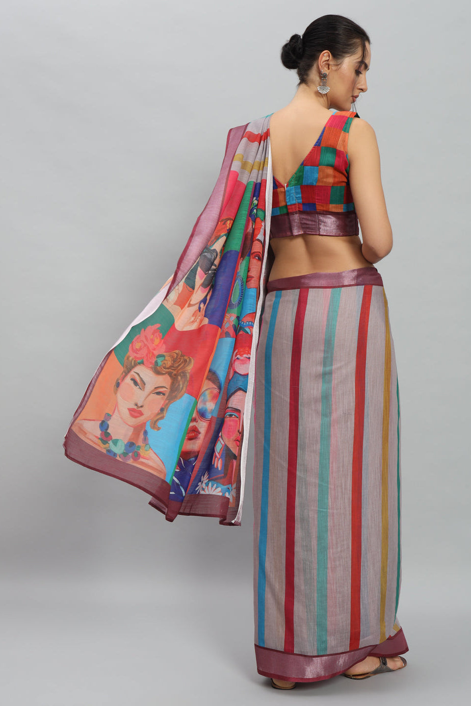 DIGITAL PRITNED MURAL PRINTS STRIPED SAREE