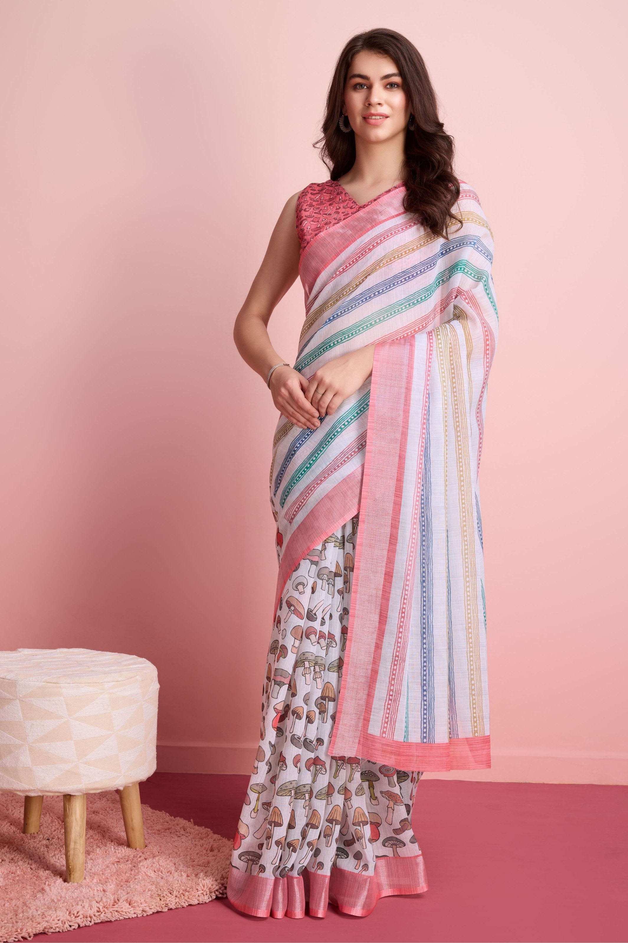 RACHNA Striped Fusion Ready to Wear Saree