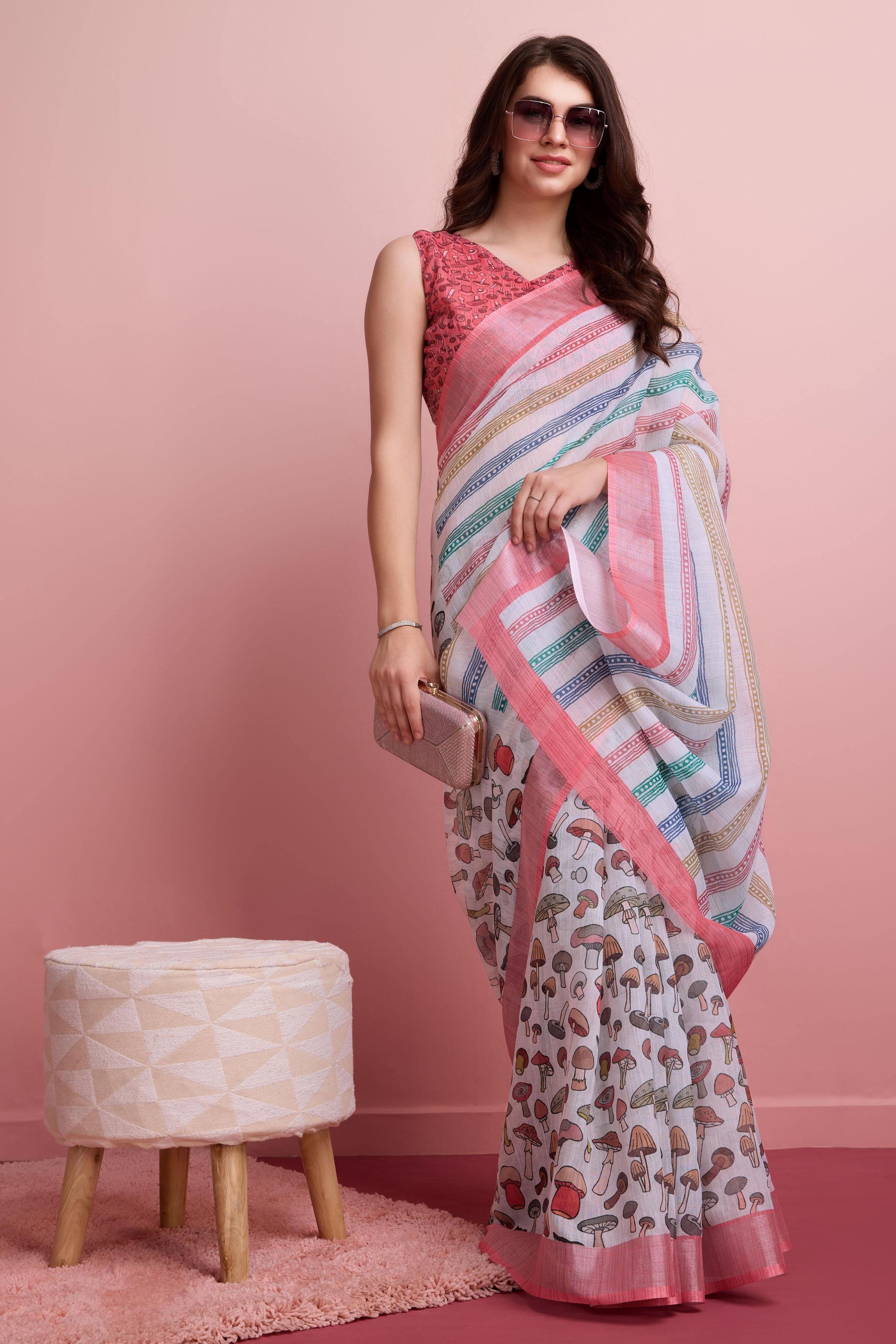 RACHNA Striped Fusion Ready to Wear Saree