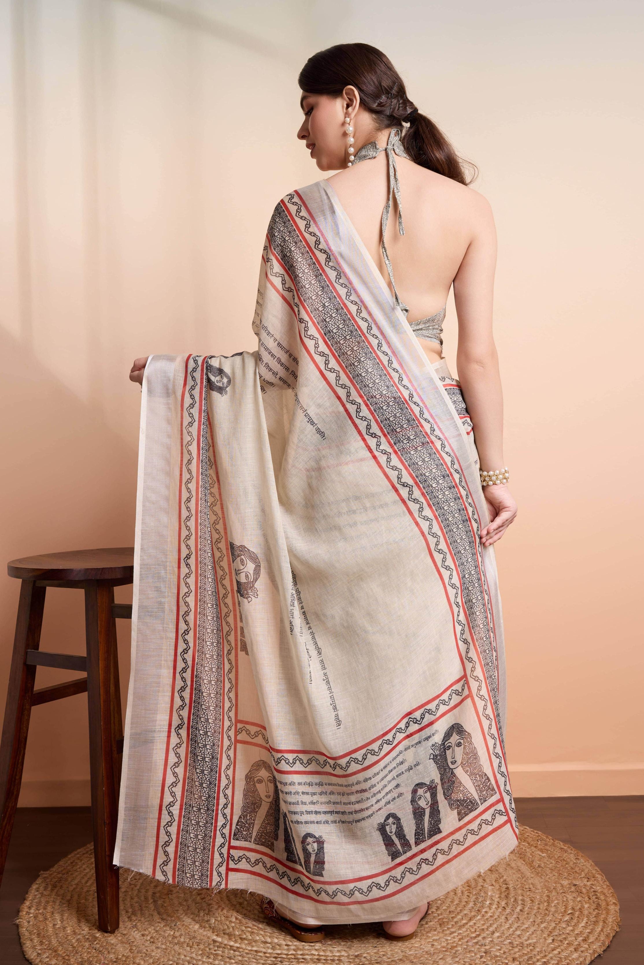 Empowering Women Writing Print Handloom Cotton Saree