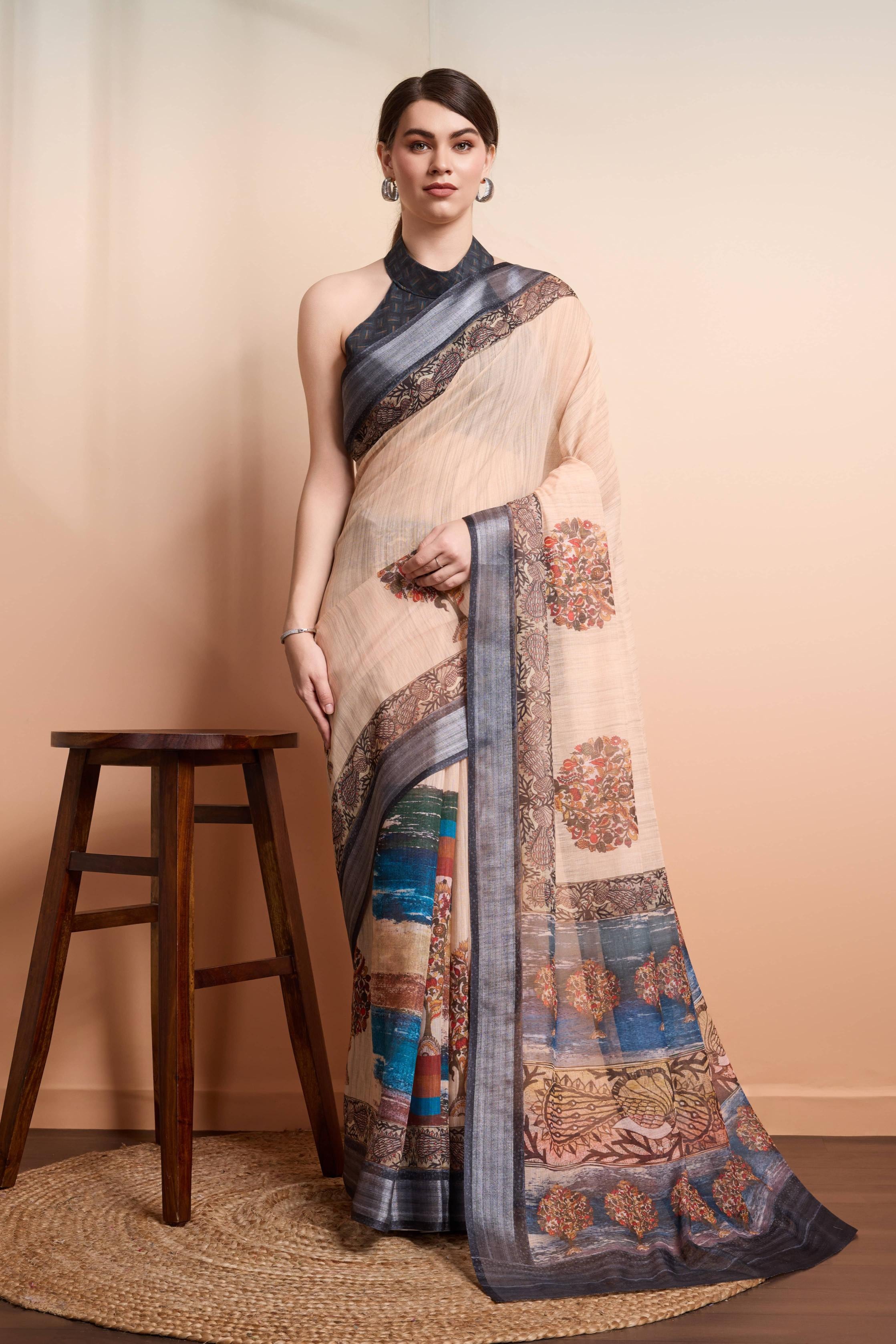 RACHNA Ajrak Block Zari Ready to Wear  Saree