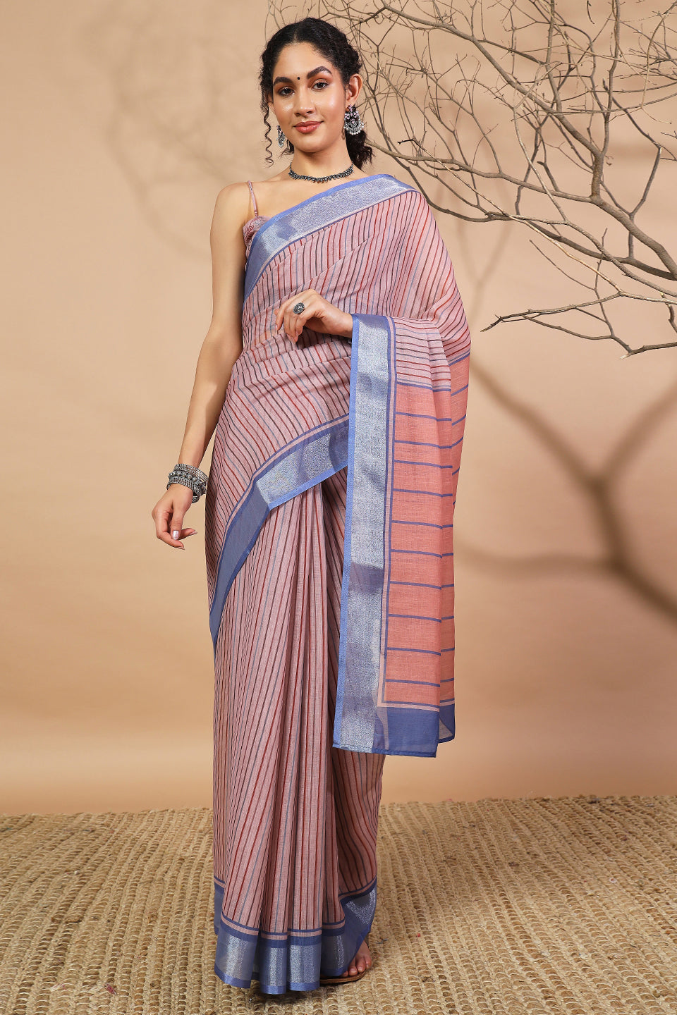 Striped Digital Printed Linen Saree
