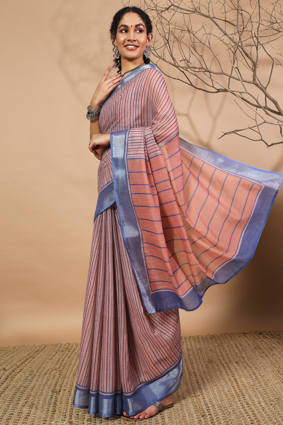 Striped Digital Printed Linen Saree