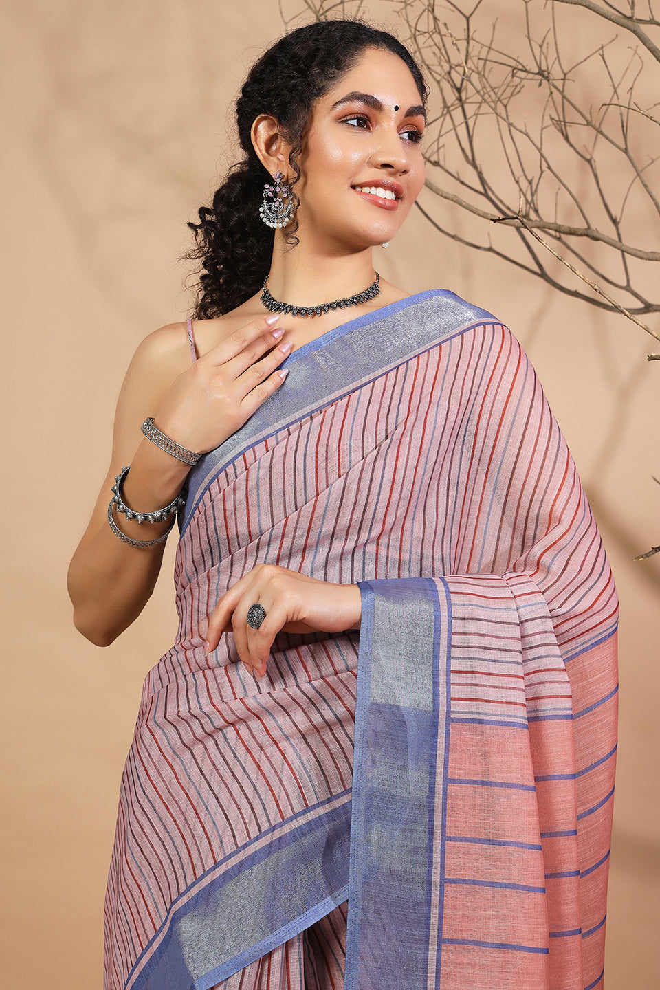 Striped Digital Printed Linen Saree