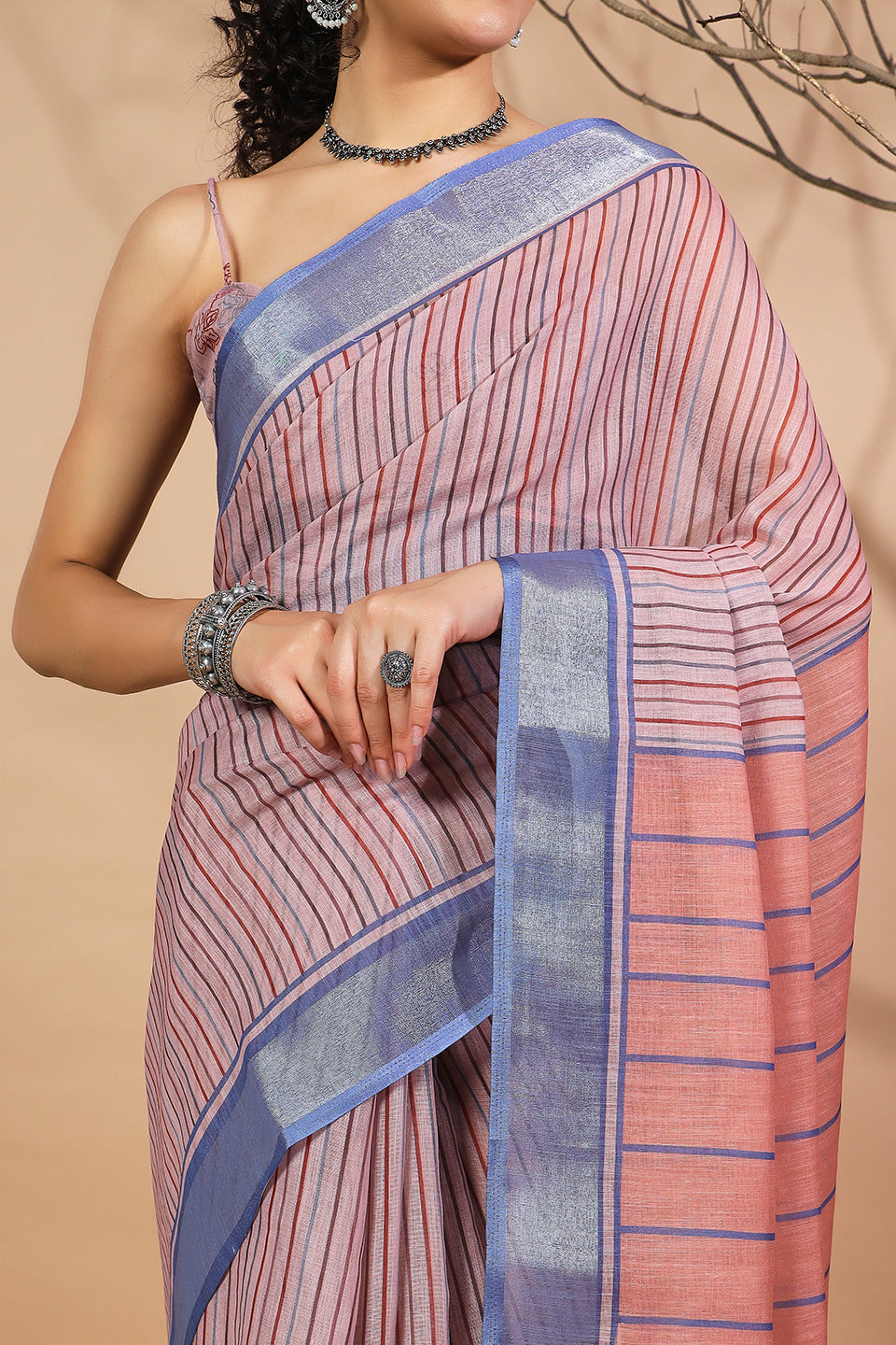 Striped Digital Printed Linen Saree