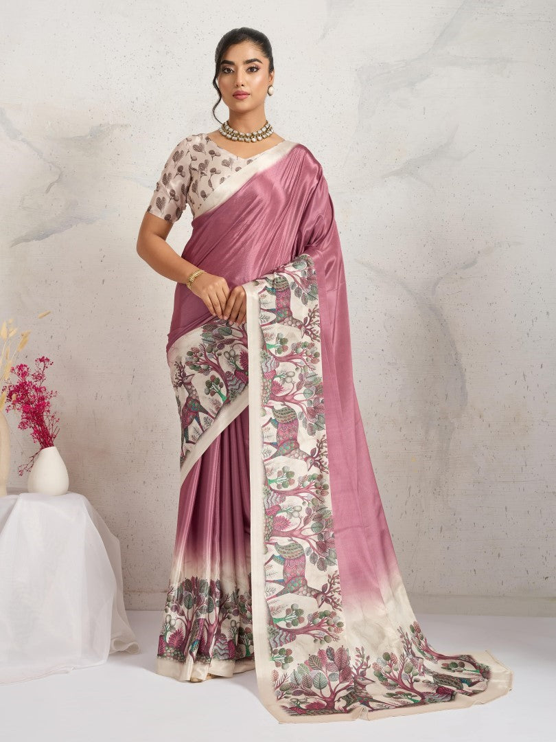 Rust Floral Printed Satin Saree with Printed Border