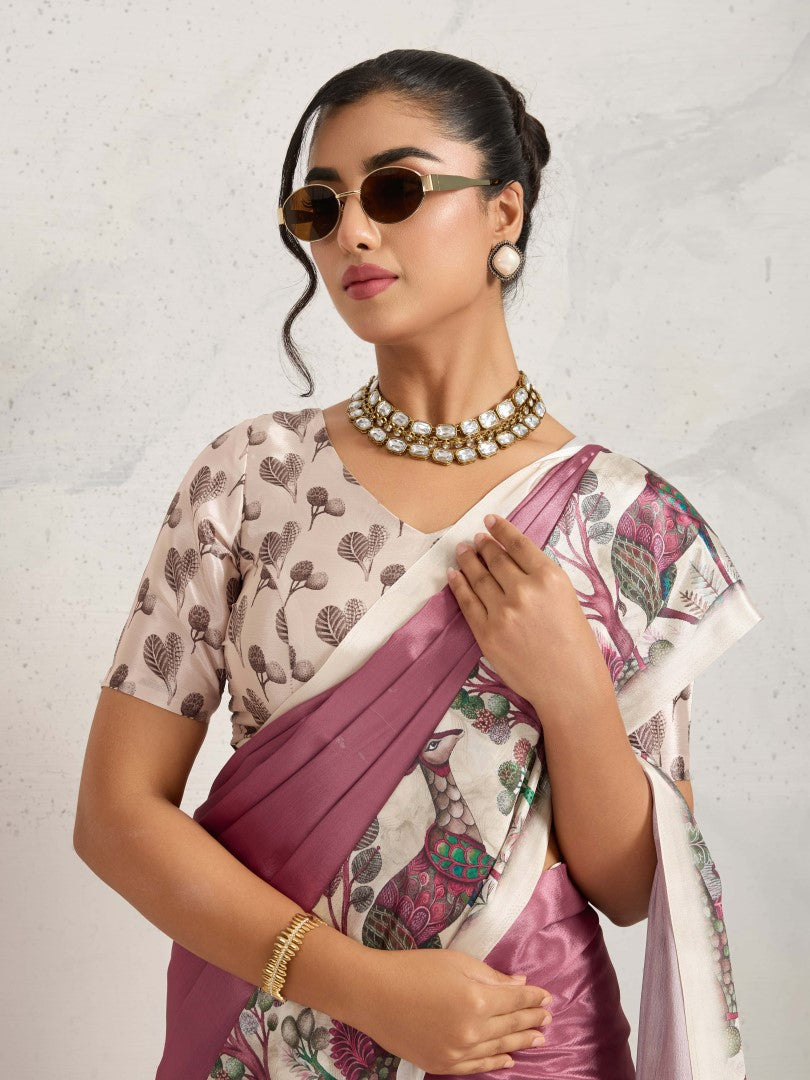 Rust Floral Printed Satin Saree with Printed Border