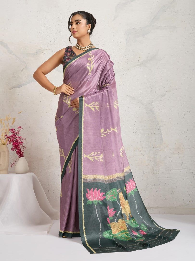 Pink Ethnic Motifs Printed Satin Saree with Woven Design Border