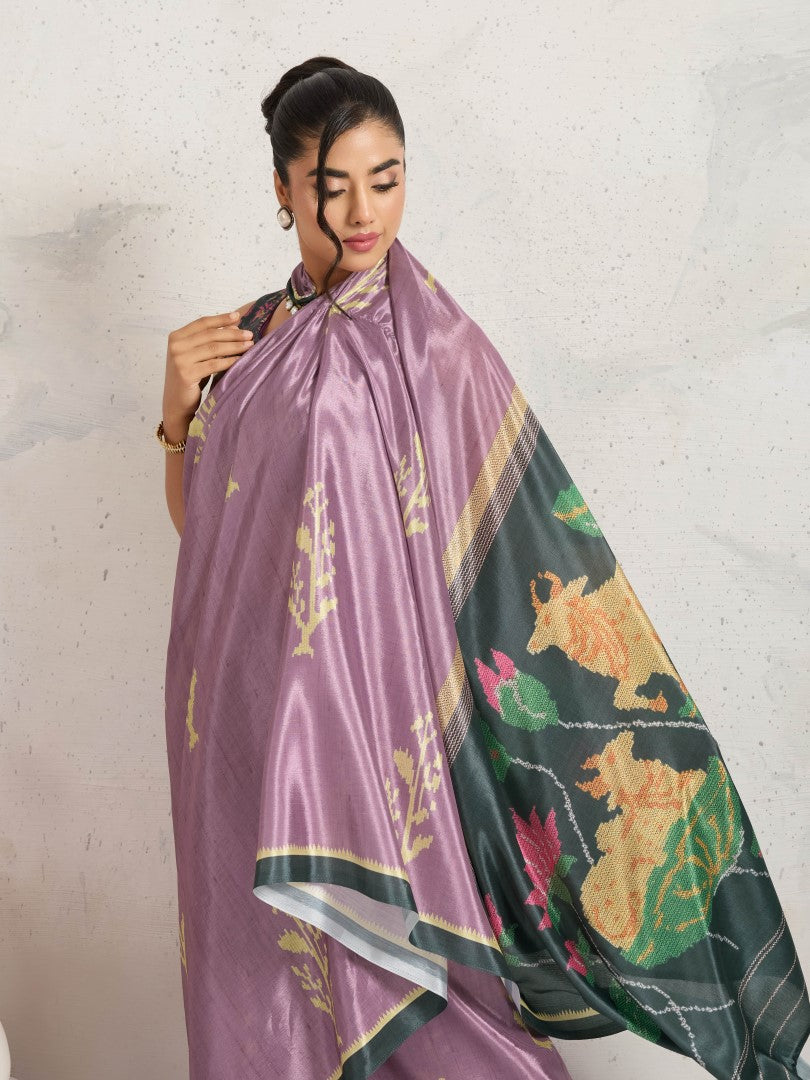 Pink Ethnic Motifs Printed Satin Saree with Woven Design Border