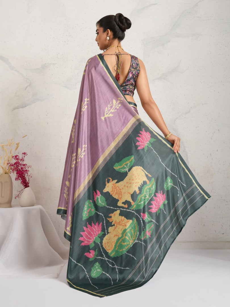 Pink Ethnic Motifs Printed Satin Saree with Woven Design Border