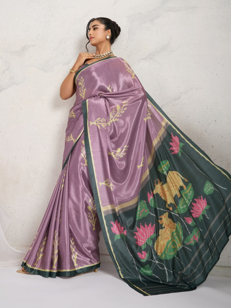 Pink Ethnic Motifs Printed Satin Saree with Woven Design Border