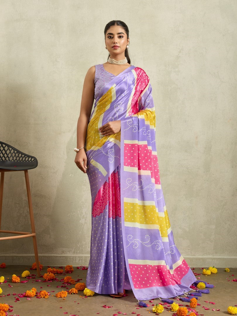 Multi Bandhani Printed Satin Party Wear Saree