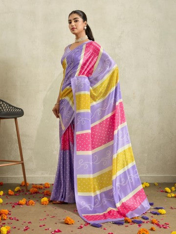 Amazing Purple Bandhani Satin Ready to Wear Saree