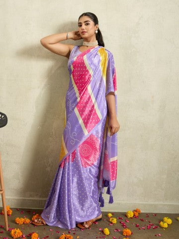 Amazing Purple Bandhani Satin Ready to Wear Saree