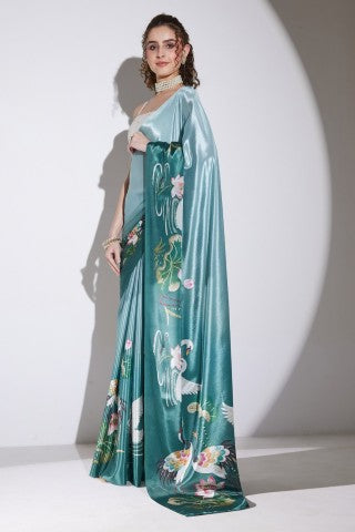 Teal Floral Printed Satin Party Wear Saree