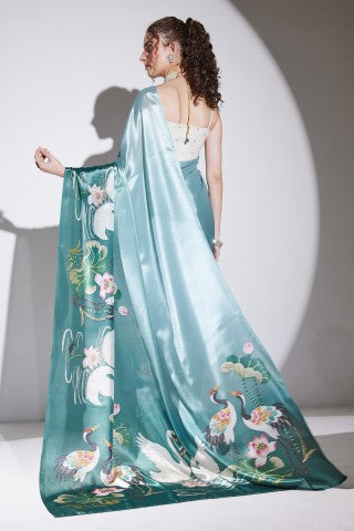 Teal Floral Printed Satin Party Wear Saree