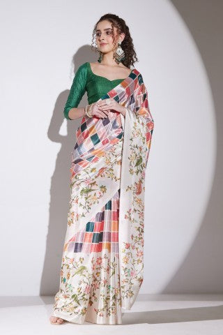 Multicoloured Checked Printed Satin Party Wear Saree