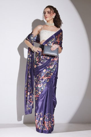 Purple Floral Printed Satin Party Wear Saree