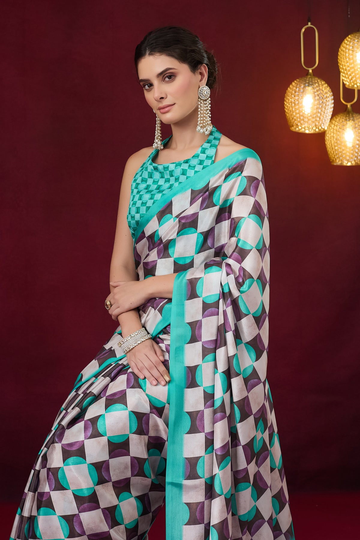 Sky Blue Checked Printed Satin Party Wear Saree