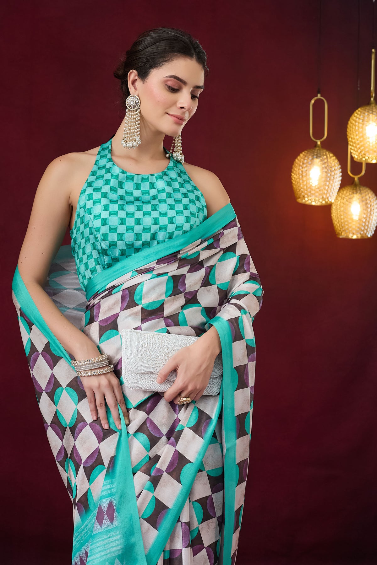 Sky Blue Checked Printed Satin Party Wear Saree