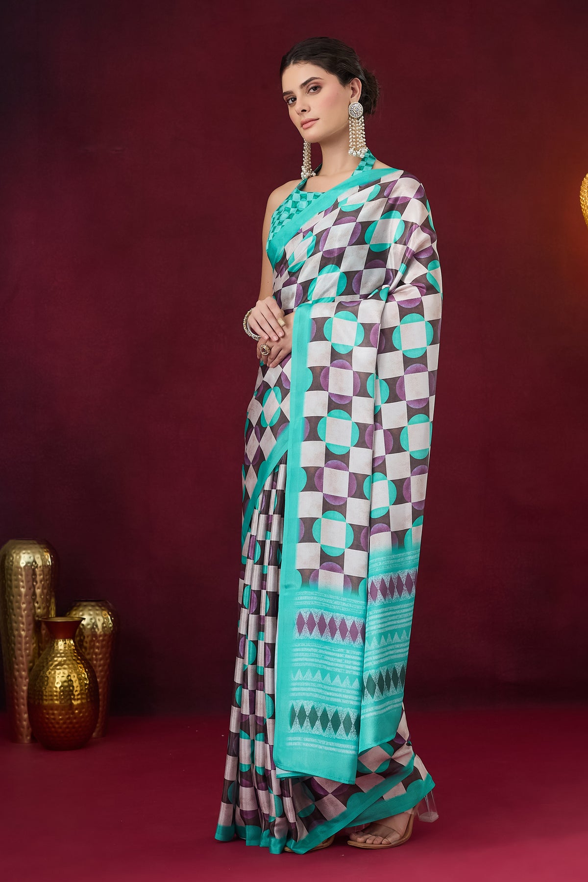 Sky Blue Checked Printed Satin Party Wear Saree