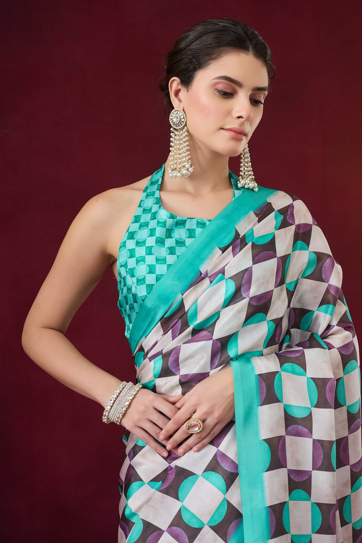 Sky Blue Checked Printed Satin Party Wear Saree