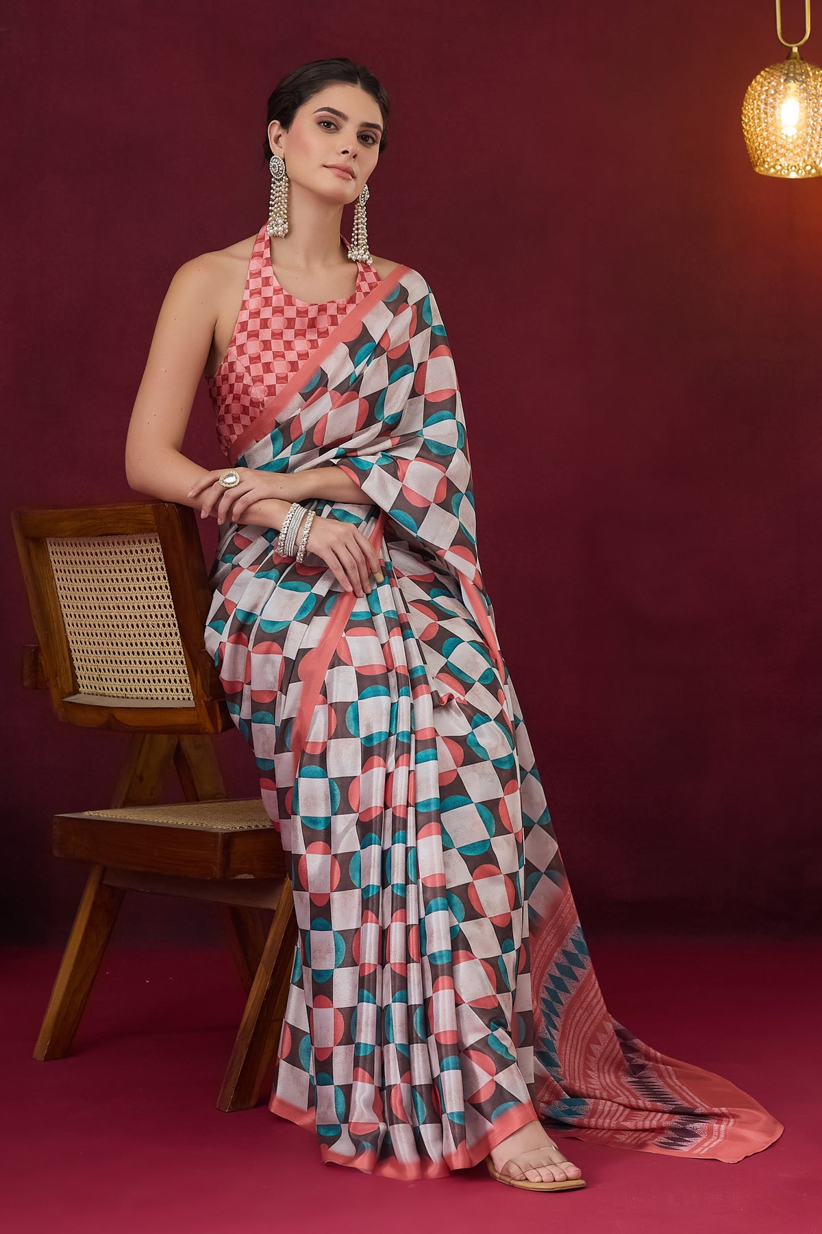 Multicoloured and Orange Checked Printed Satin Designer Saree