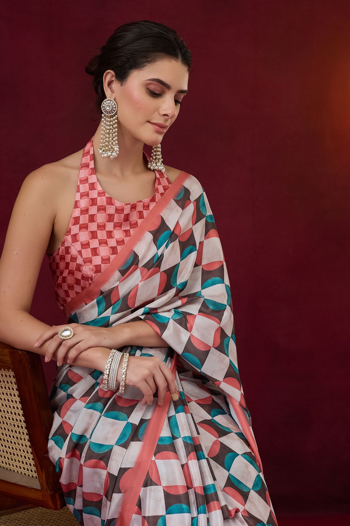 Multicoloured and Orange Checked Printed Satin Designer Saree