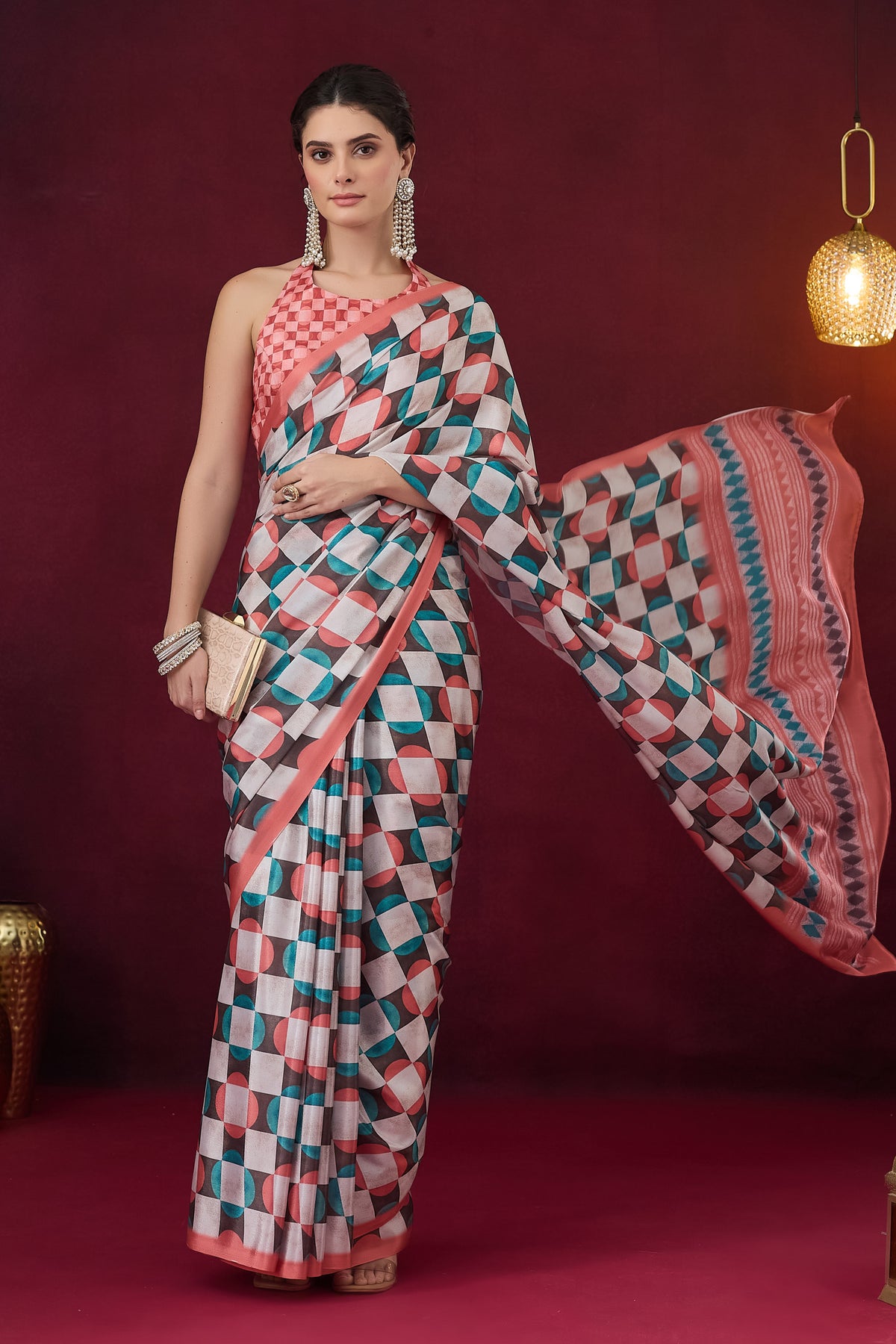 Multicoloured and Orange Checked Printed Satin Designer Saree