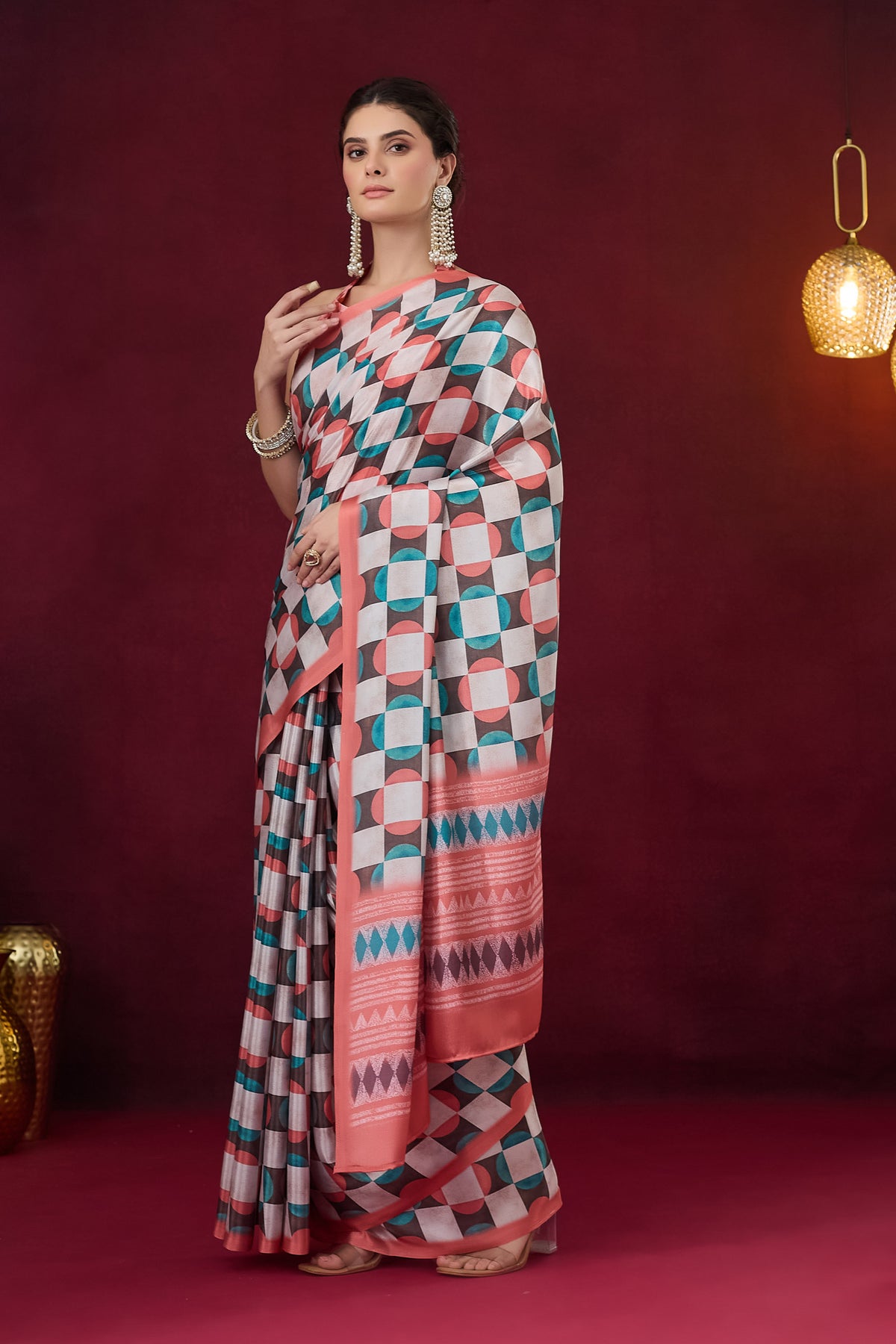 Multicoloured and Orange Checked Printed Satin Designer Saree