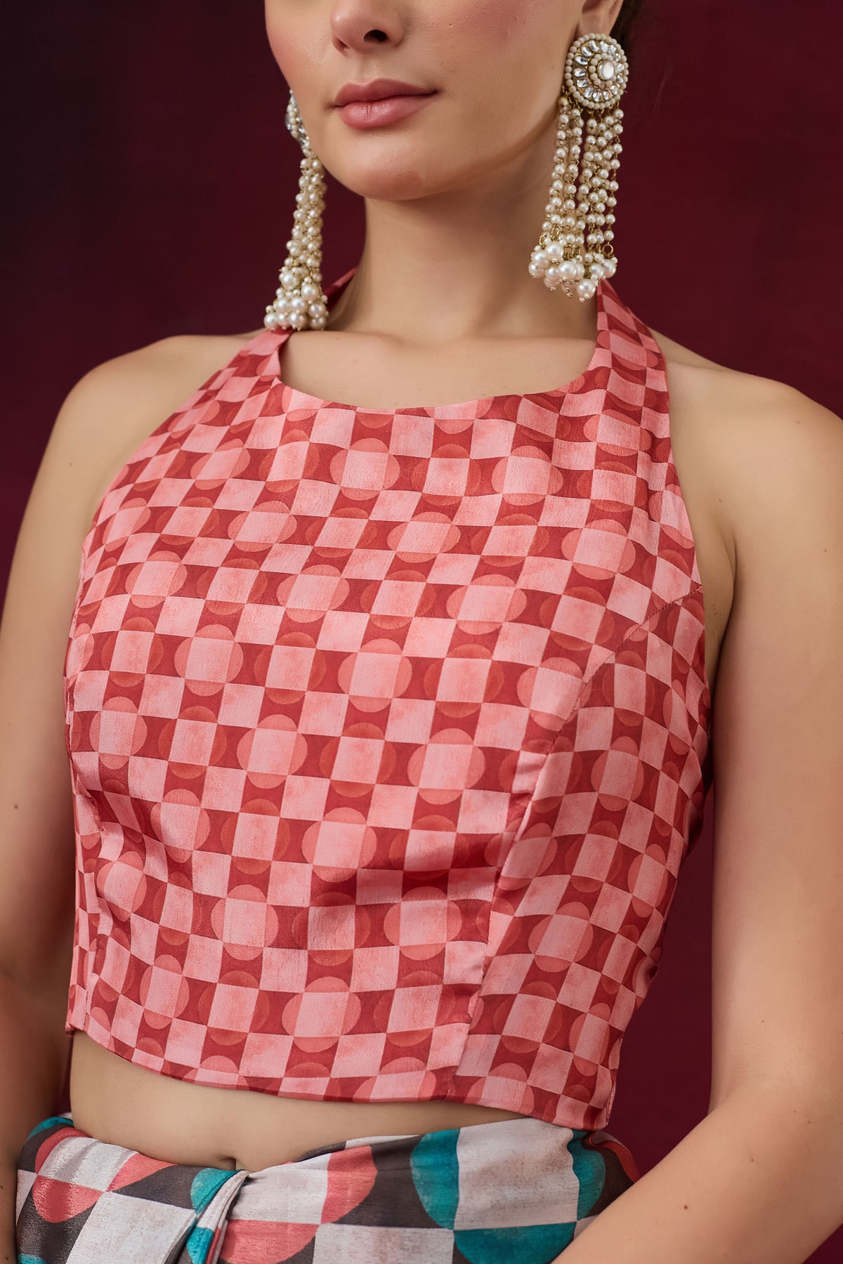 Multicoloured and Orange Checked Printed Satin Designer Saree