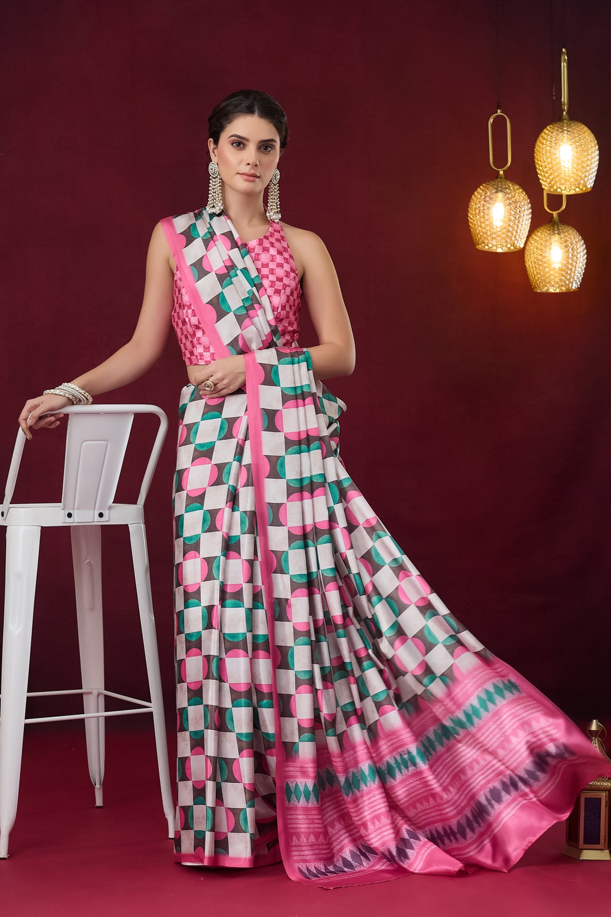 Pink Checked Printed Satin Designer Saree