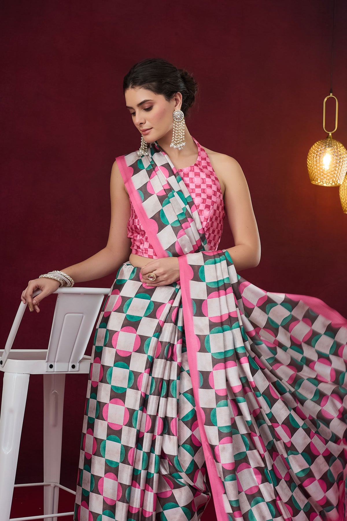 Pink Checked Printed Satin Designer Saree