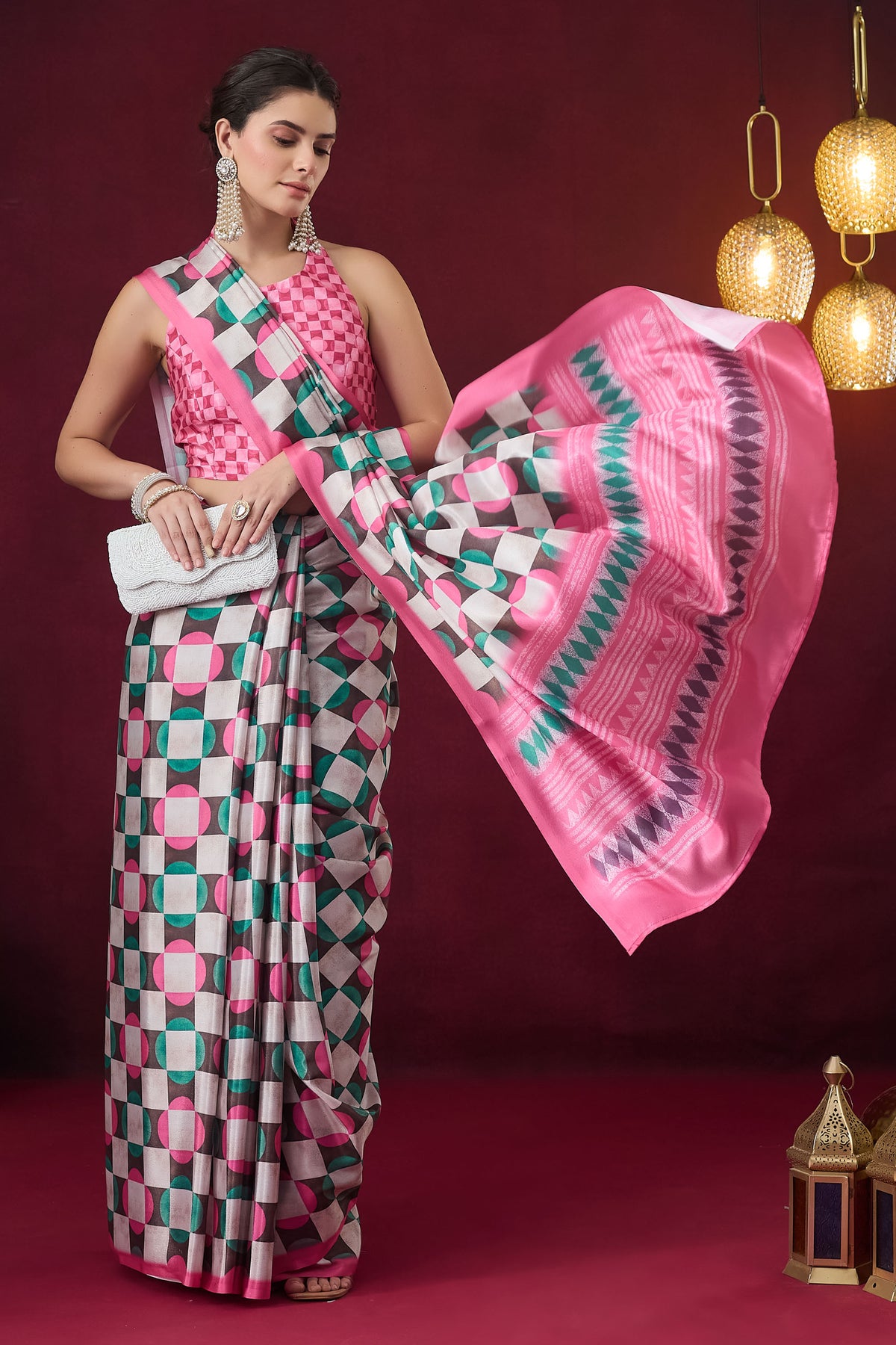Pink Checked Printed Satin Designer Saree
