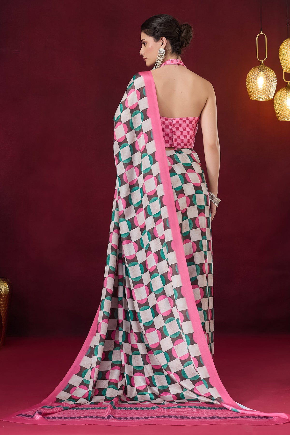 Pink Checked Printed Satin Designer Saree