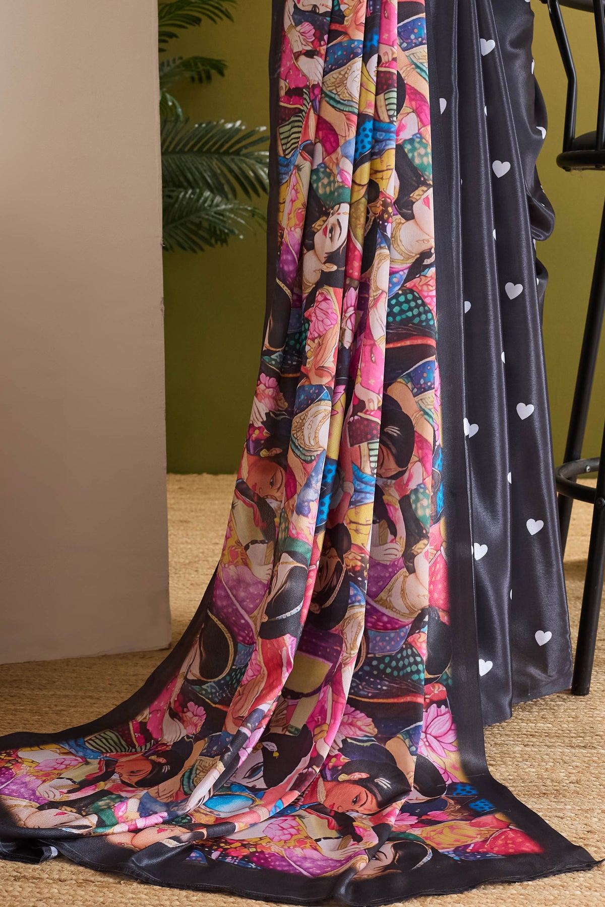 Black Ethnic Motifs Printed Satin Designer Saree