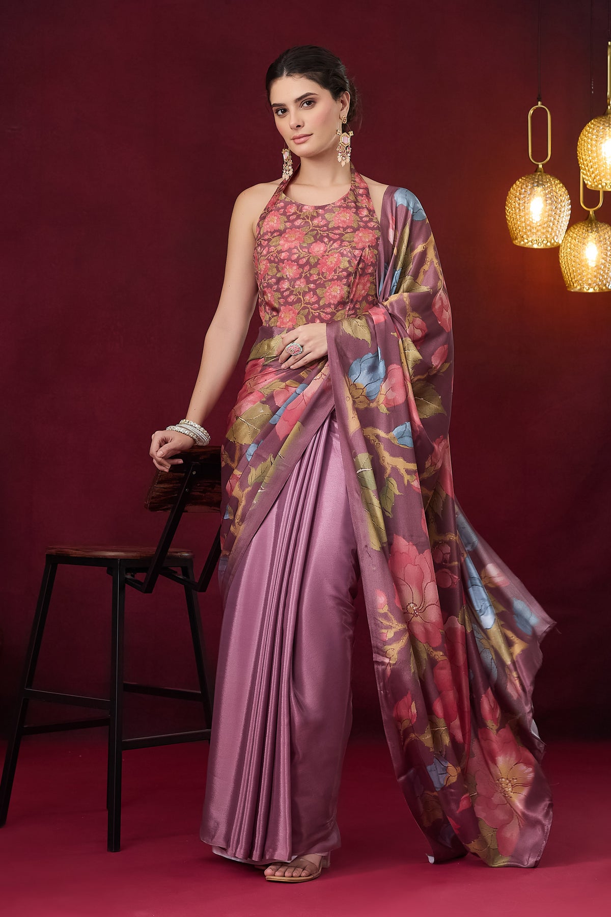 Pink Floral Printed Satin Party Wear Saree