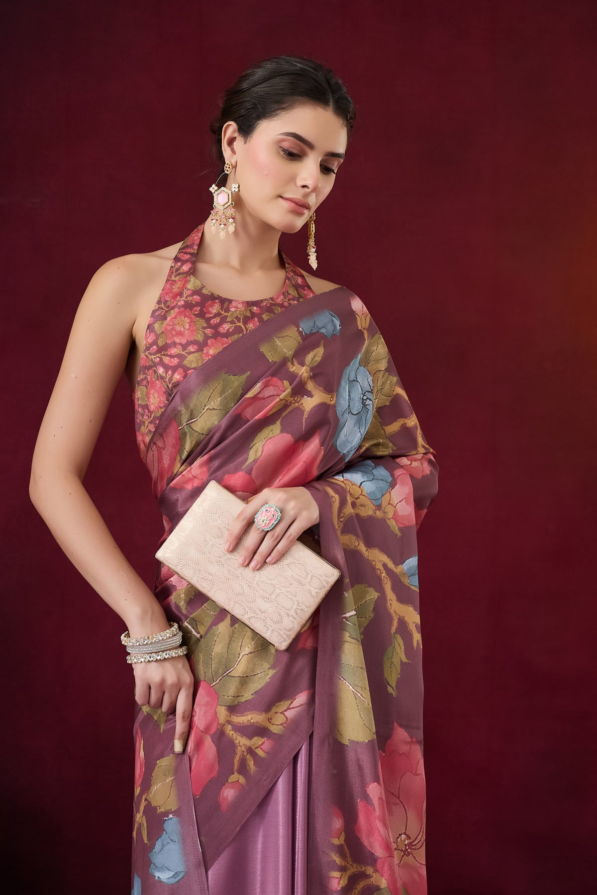 Pink Floral Printed Satin Party Wear Saree