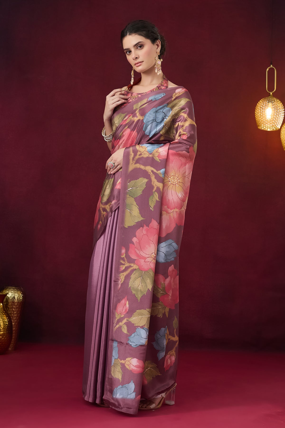 Pink Floral Printed Satin Party Wear Saree