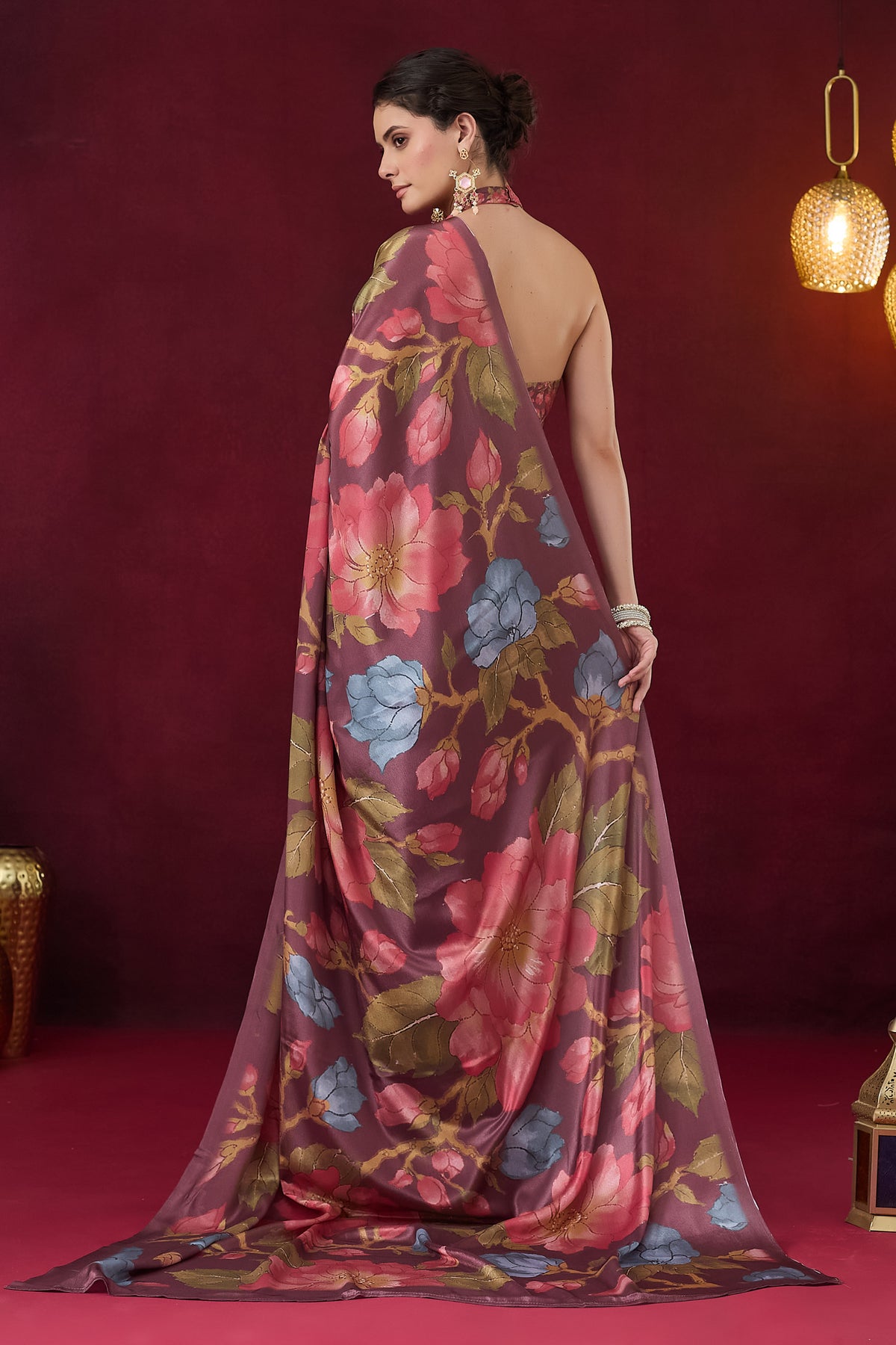 Pink Floral Printed Satin Party Wear Saree