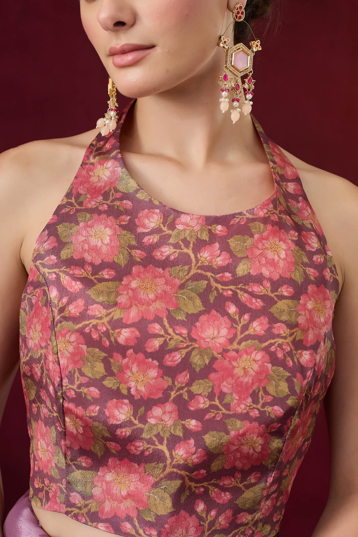 Pink Floral Printed Satin Party Wear Saree