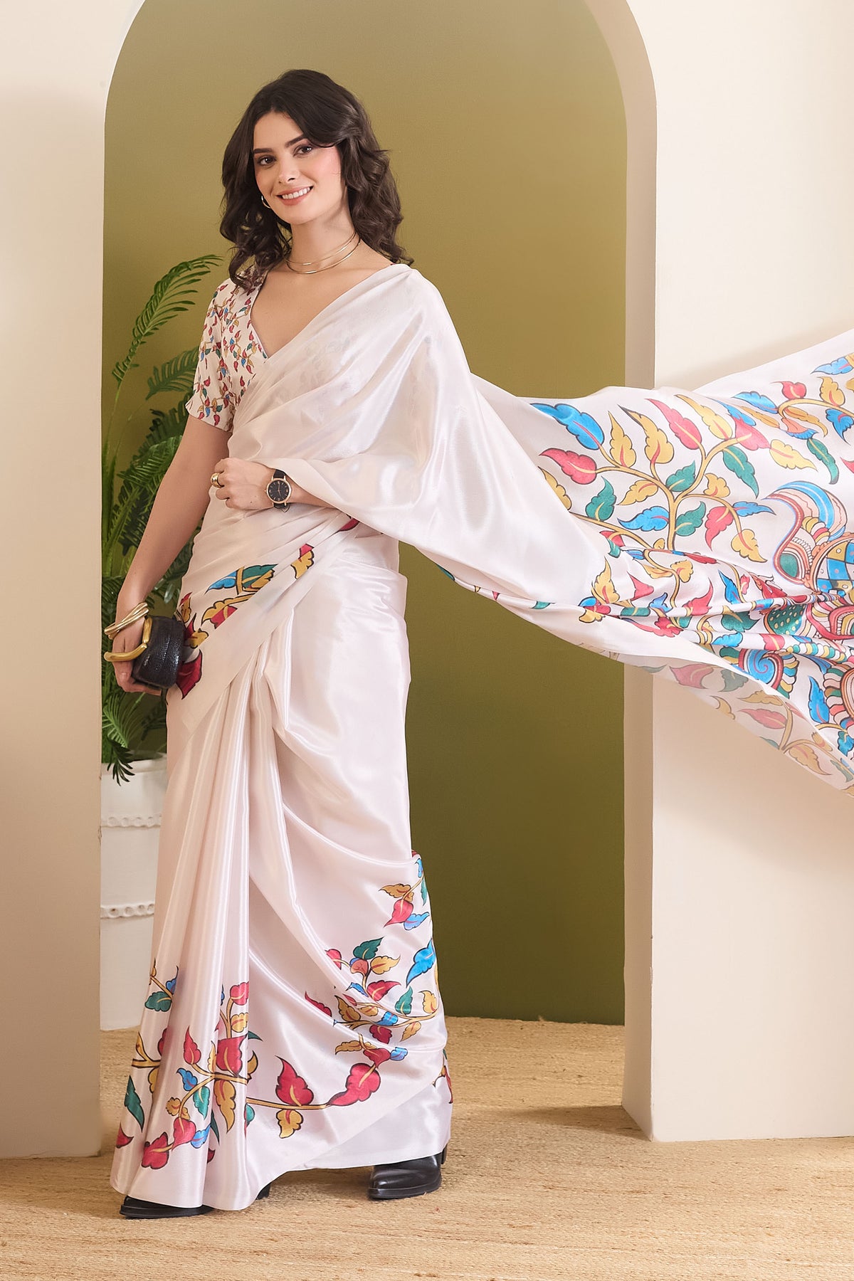 White Color Abstract Printed Satin Party Wear Saree