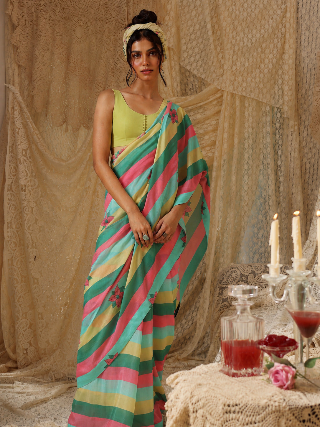 Multicoloured Striped Satin Designer Saree