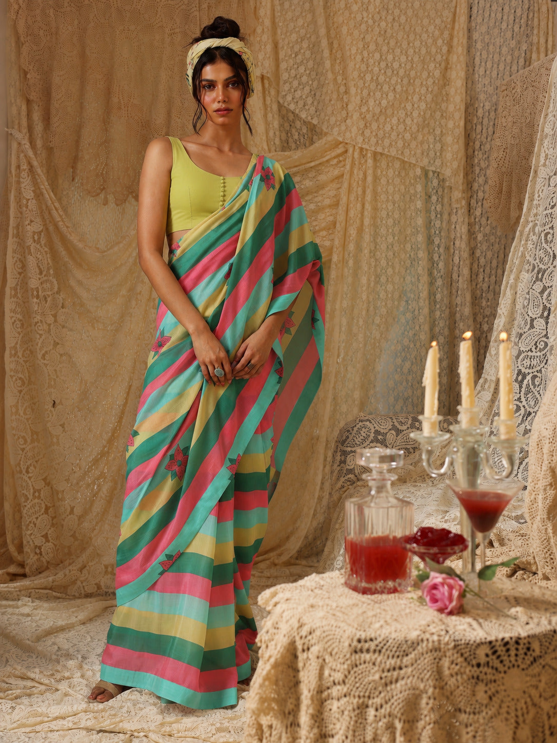 Multicoloured Striped Satin Designer Saree