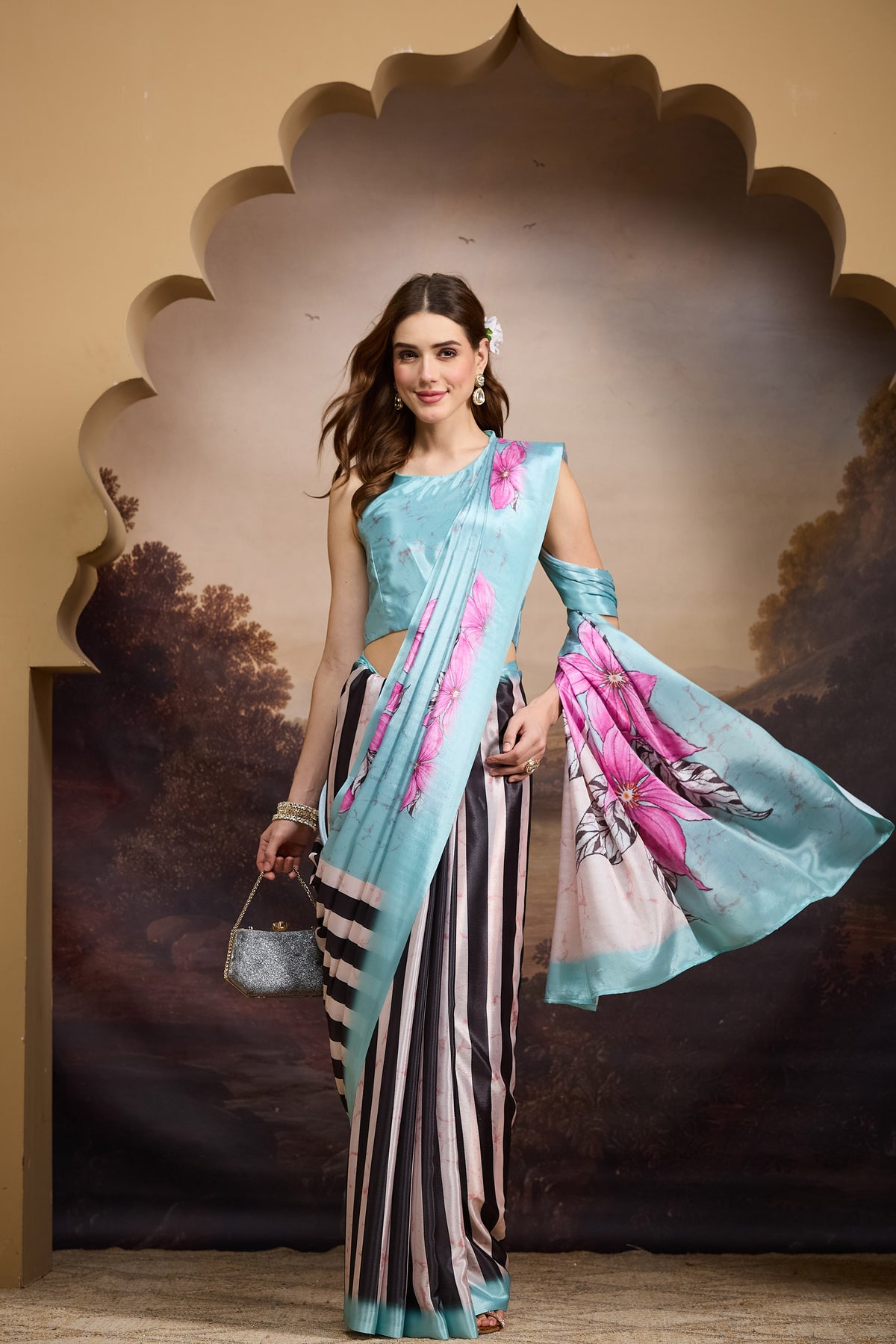 Sky Blue Floral Printed Satin Designer Saree