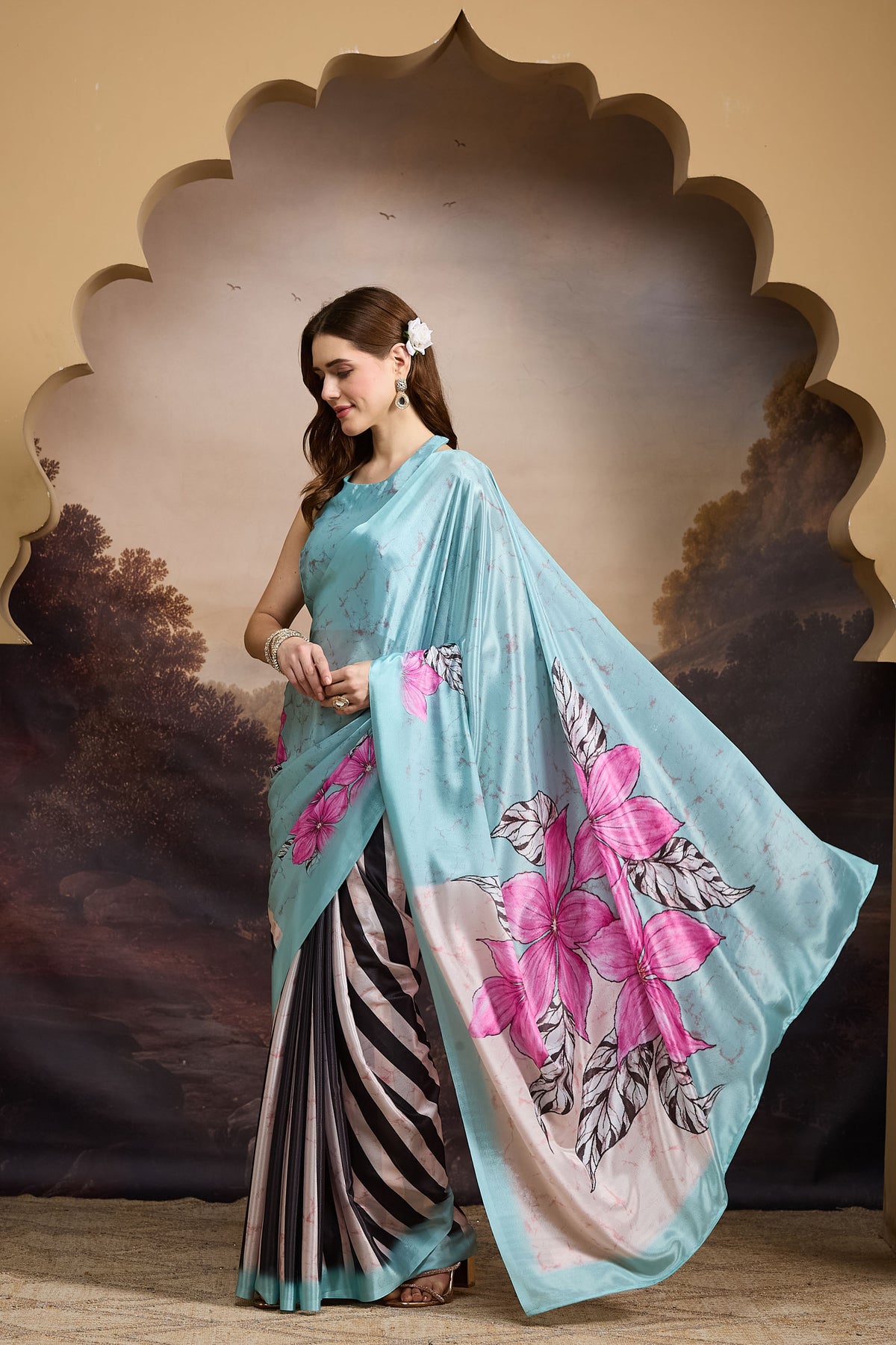 Sky Blue Floral Printed Satin Designer Saree