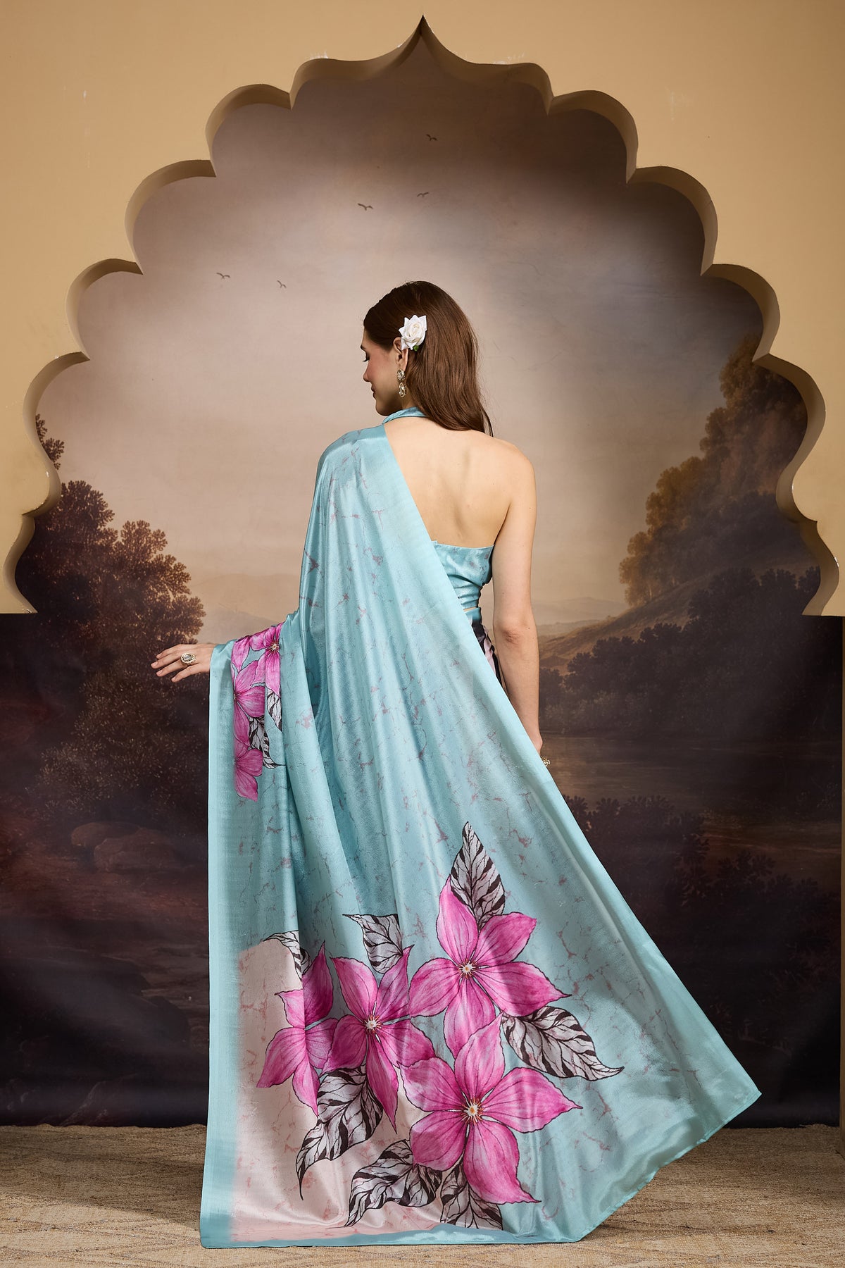 Sky Blue Floral Printed Satin Designer Saree