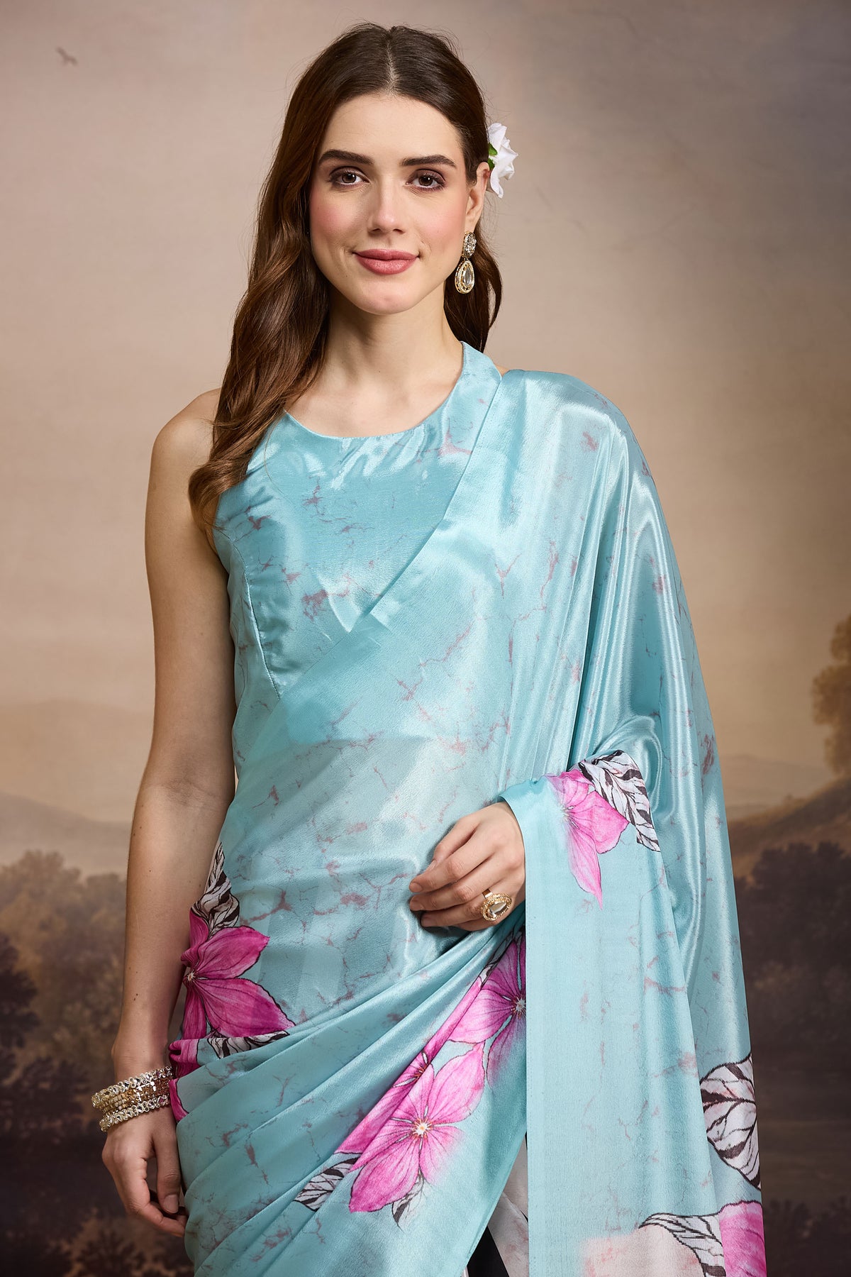 Sky Blue Floral Printed Satin Designer Saree