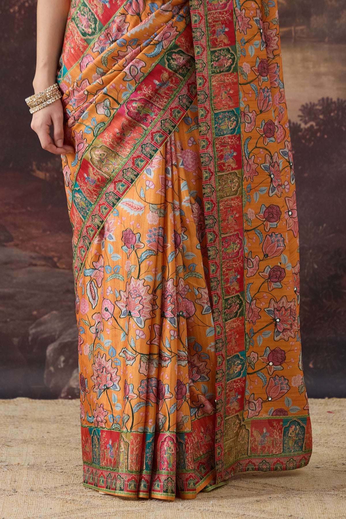 Orange Floral Printed Organza Party Wear Saree