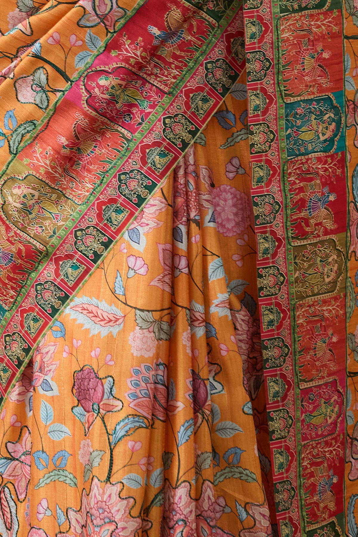 Orange Floral Printed Organza Party Wear Saree